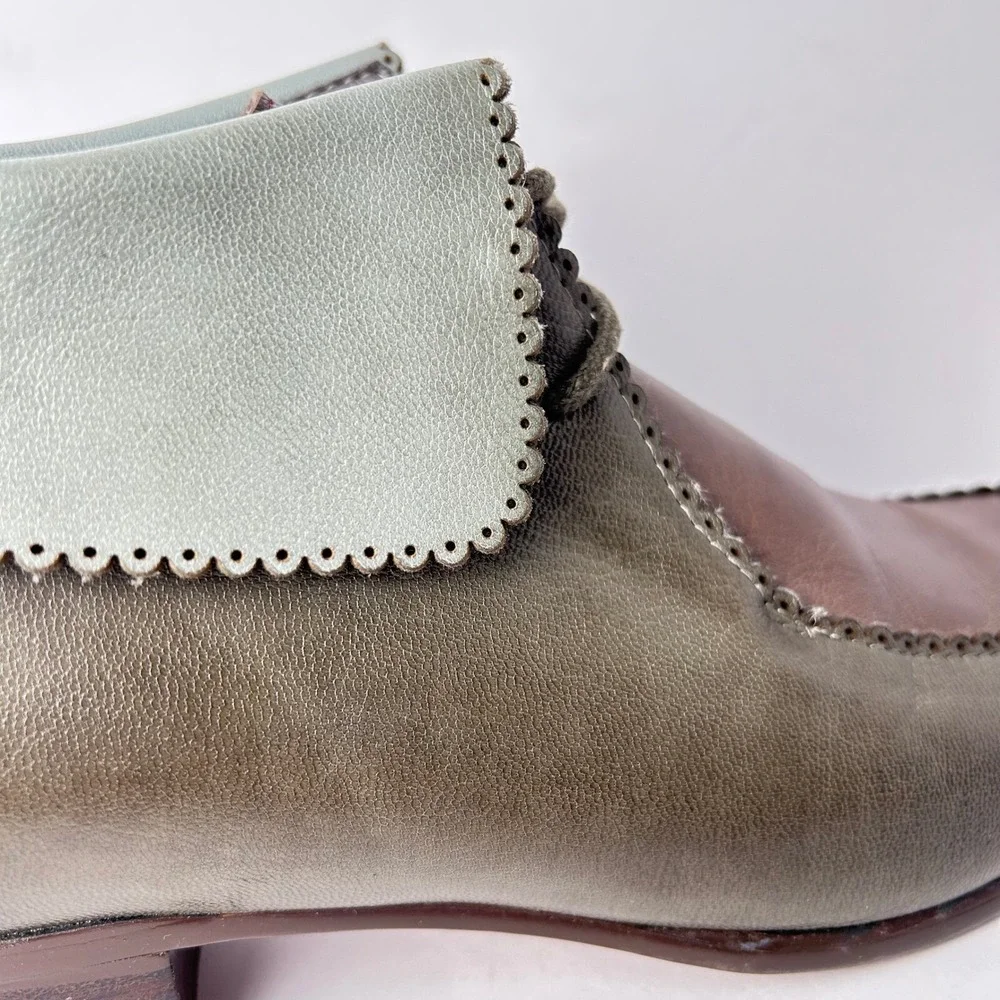 Mona Flying Leather Ankle Boots Block Heel Lace Up Scalloped Trim US 8.5,‎ EU 40